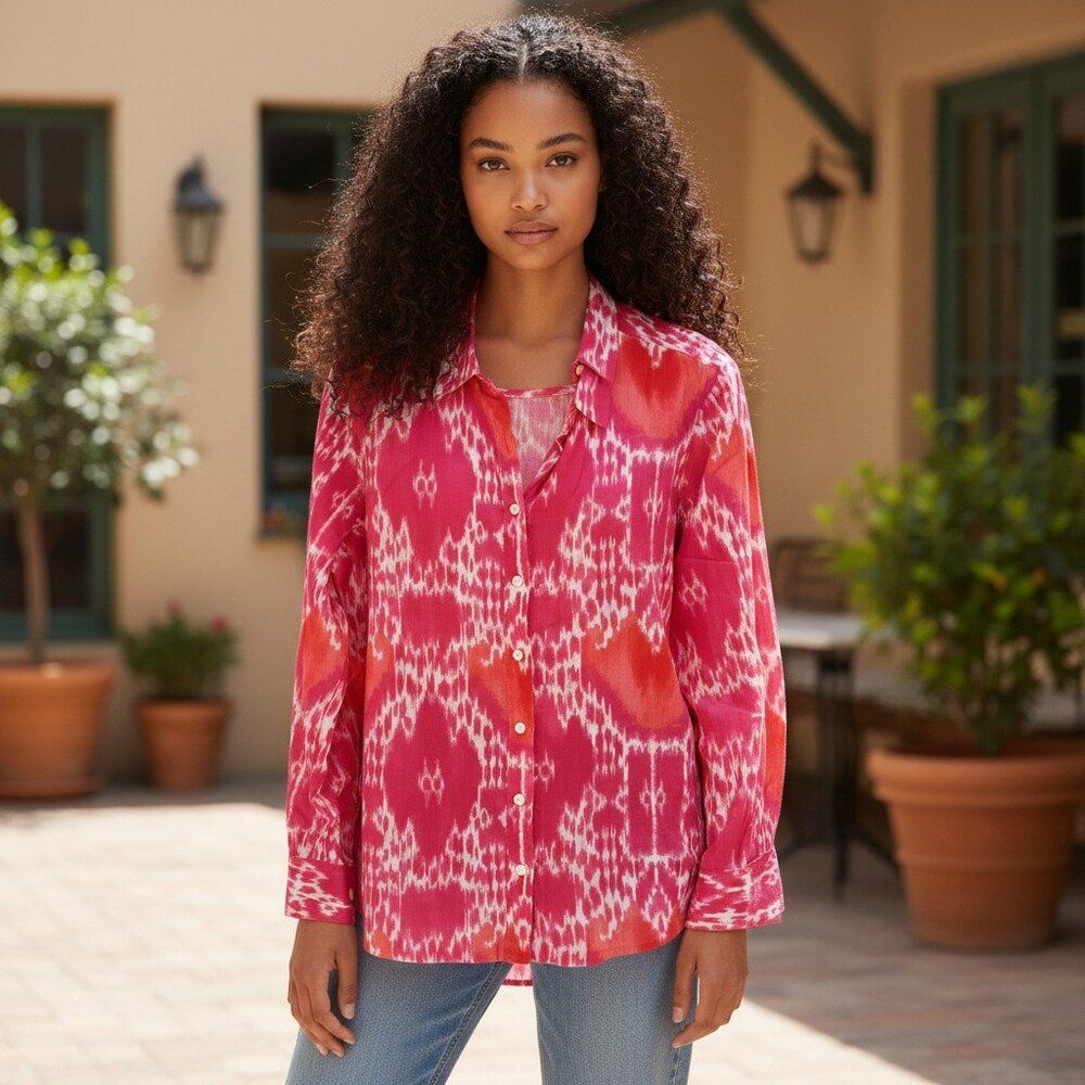 Jones New York Pink And White Tie-dye Button-Down Long Sleeve Shirt